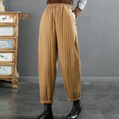 Women Casual Pants Elastic High Waist Loose Fit Thickened Sweatpants with Pockets Solid Color Casual Trousers