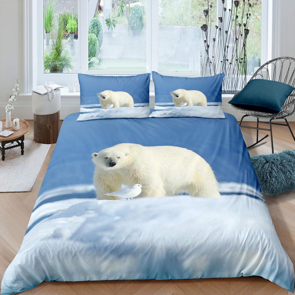 Bear Pattern Bedding Set Polar Bear Duvet Cover for Child Adult,White Bear Snow Mountain Sunset Soft Microfiber Comforter Cover