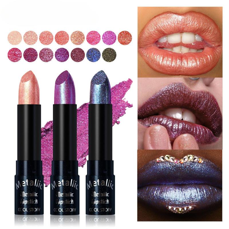 Rossetto Glitter Fine 15 Colori Rosso Nero Perlato Tinta Labbra Impermeabile Non Appiccicoso Lunga Durata Facile da Colorare Rossetto Diamante