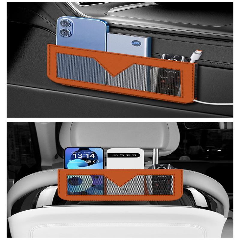Car Storage Bag Pu Leather Mobile Phone Sticky Net Bag Multifunctional Car Seat Side Pocket Console Storage Box Auto Accessories