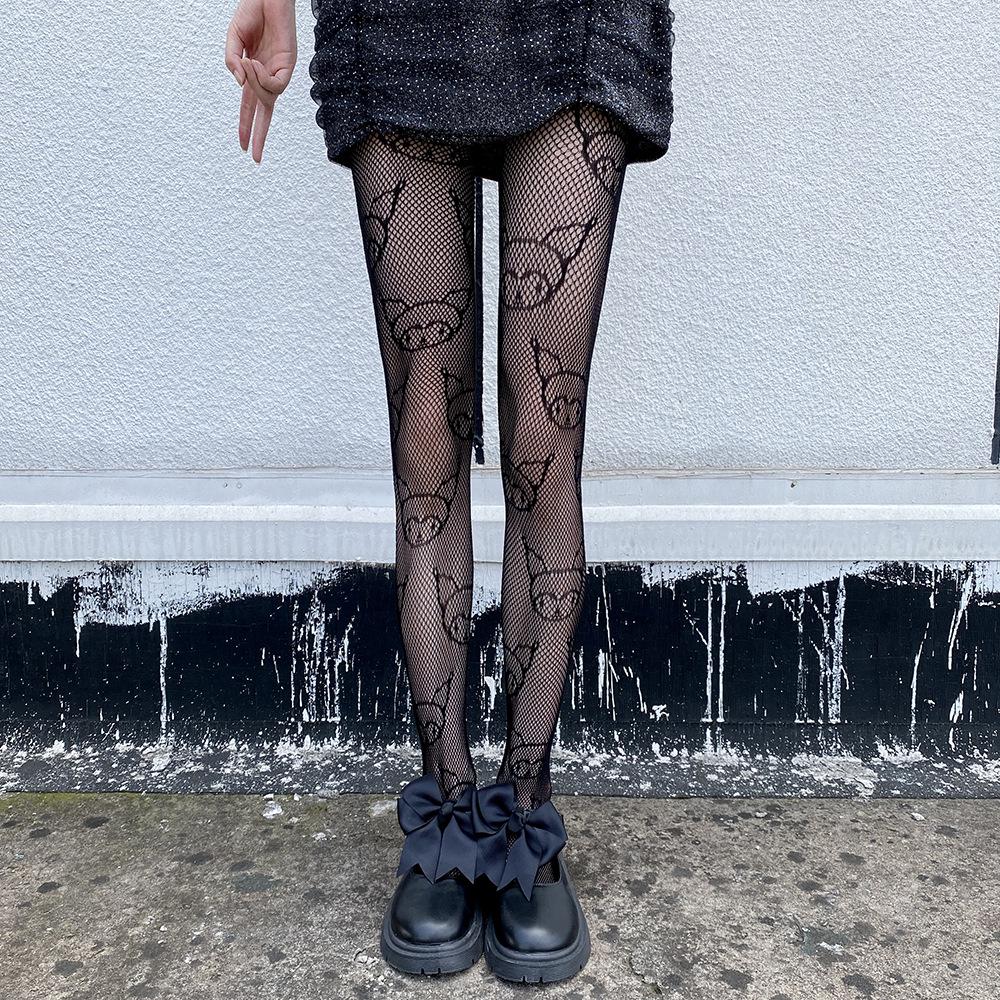 Japanese Kitty Pattern Cute Fishnet Socks - Black Jacquard Hollow Stockings