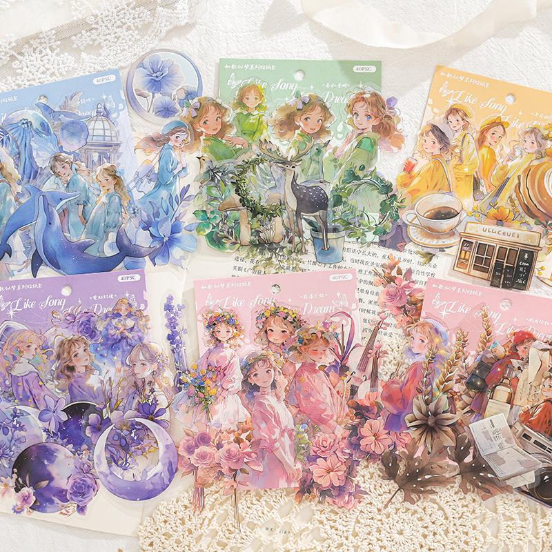 Like a Song, Like a Dream Series PET Sticker Pack - 40 Character Journal Decorative Stickers in 6 Designs