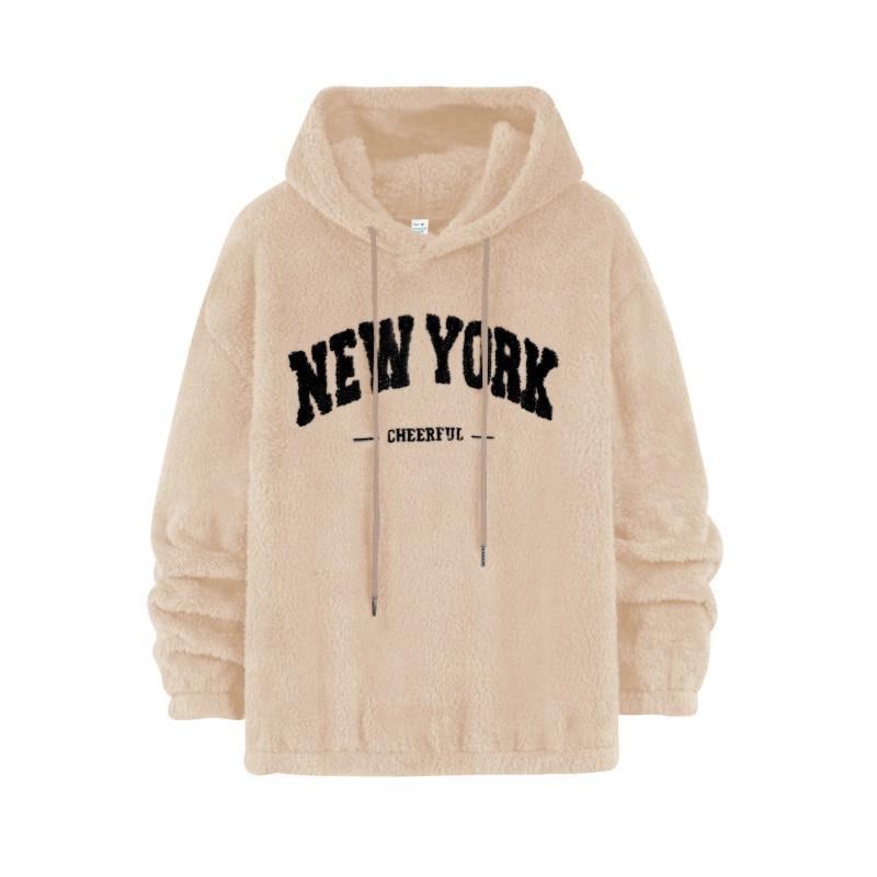Mens Oversized Hooded Sweatshirt European Style Fleece Lined Letter Embroidered Pocket Hoodie