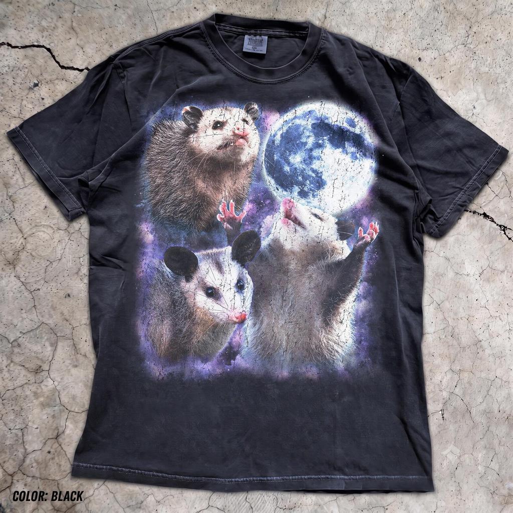 Three Opossums Howling Moon Galaxy Graphic Tee Wildlife Lover Shirt