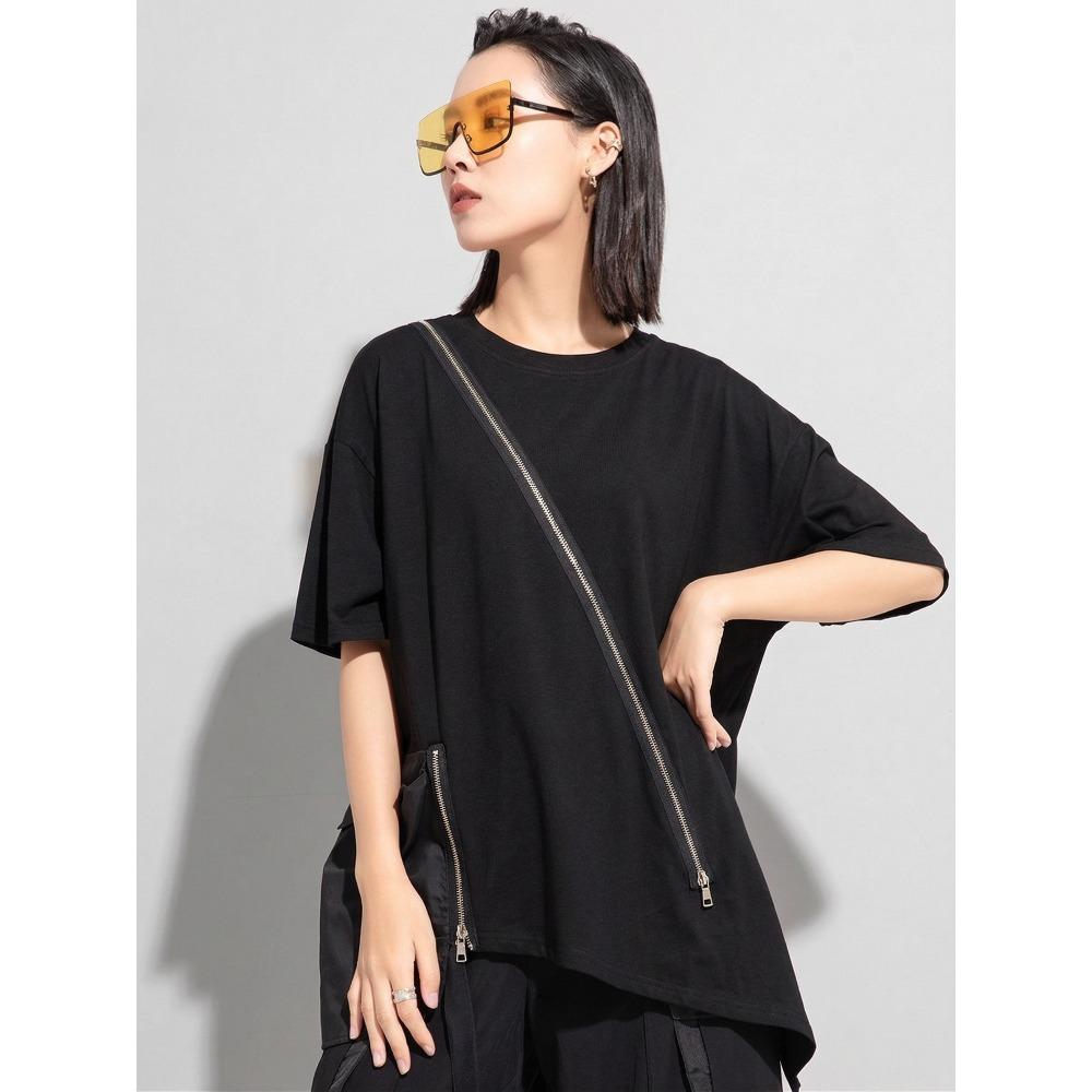 DIMANAF Women 2026 T-Shirt Zipper Female Solid O-Neck Cotton Loose Short Sleeve Tops&Tees