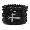 4pcs Set Handcrafted Men'S Bracelets with Cross Alloy | Faux Leather, Vintage Style, Suitable for Daily and Gift Occasions