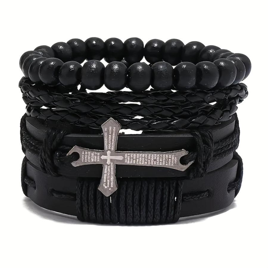 4pcs Set Handcrafted Men'S Bracelets with Cross Alloy | Faux Leather, Vintage Style, Suitable for Daily and Gift Occasions