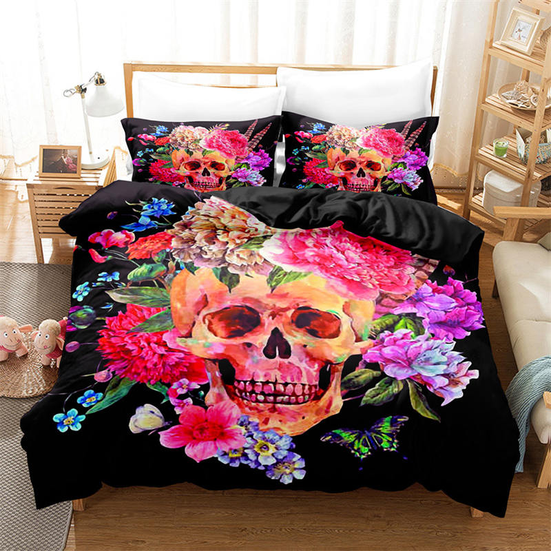 Gothic Skull Duvet Cover Sugar Skull Bedding Set Horror Theme Comforter Full Twin King For Boys Teens Adults Bedroom Decor