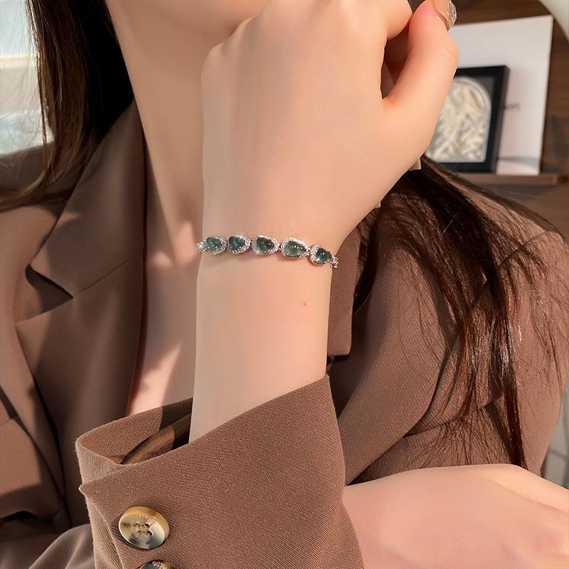 Natural Blue Water Jadeite Gourd Bracelet, Sterling Silver S925 National Tide Wind Burst, Exquisite High-end Chain, Light Luxury Valentine's Day Gift.