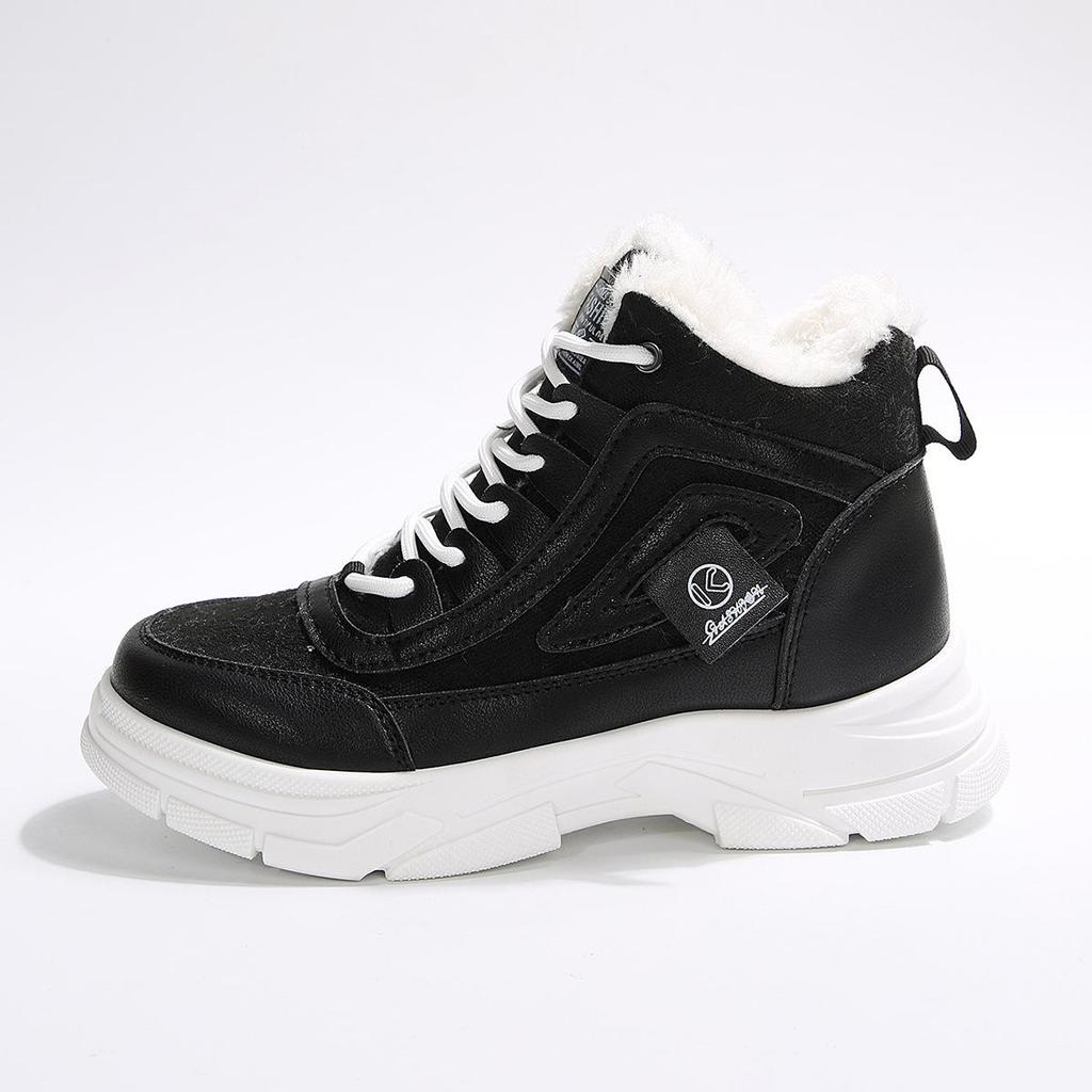 Damskie śniegowce do połowy łydki, podszyte polarem, skórzane, kolekcja Jesień/Zima 2025: Sportowe buty bawełniane z blokami kolorów, na grubej podeszwie, sznurowane