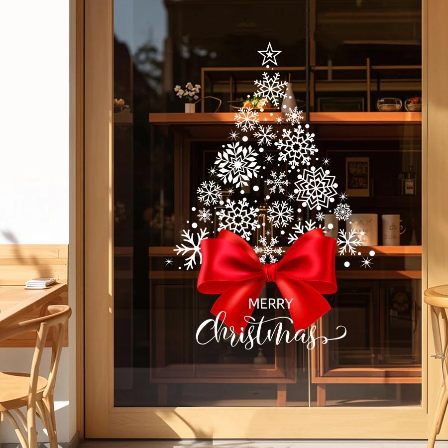 Large Christmas Window Sticker with Red Bow and Snowflakes, Holiday Party Decoration Atmosphere Arrangement Home Decoration