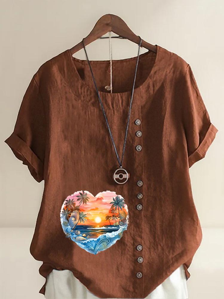 Women's Fashion Heart Shaped Scenery Print Round Neck Short Sleeve T-shirt Casual Cotton Linen Graphic Shirt Leisure Loose Summer Blouse Tops