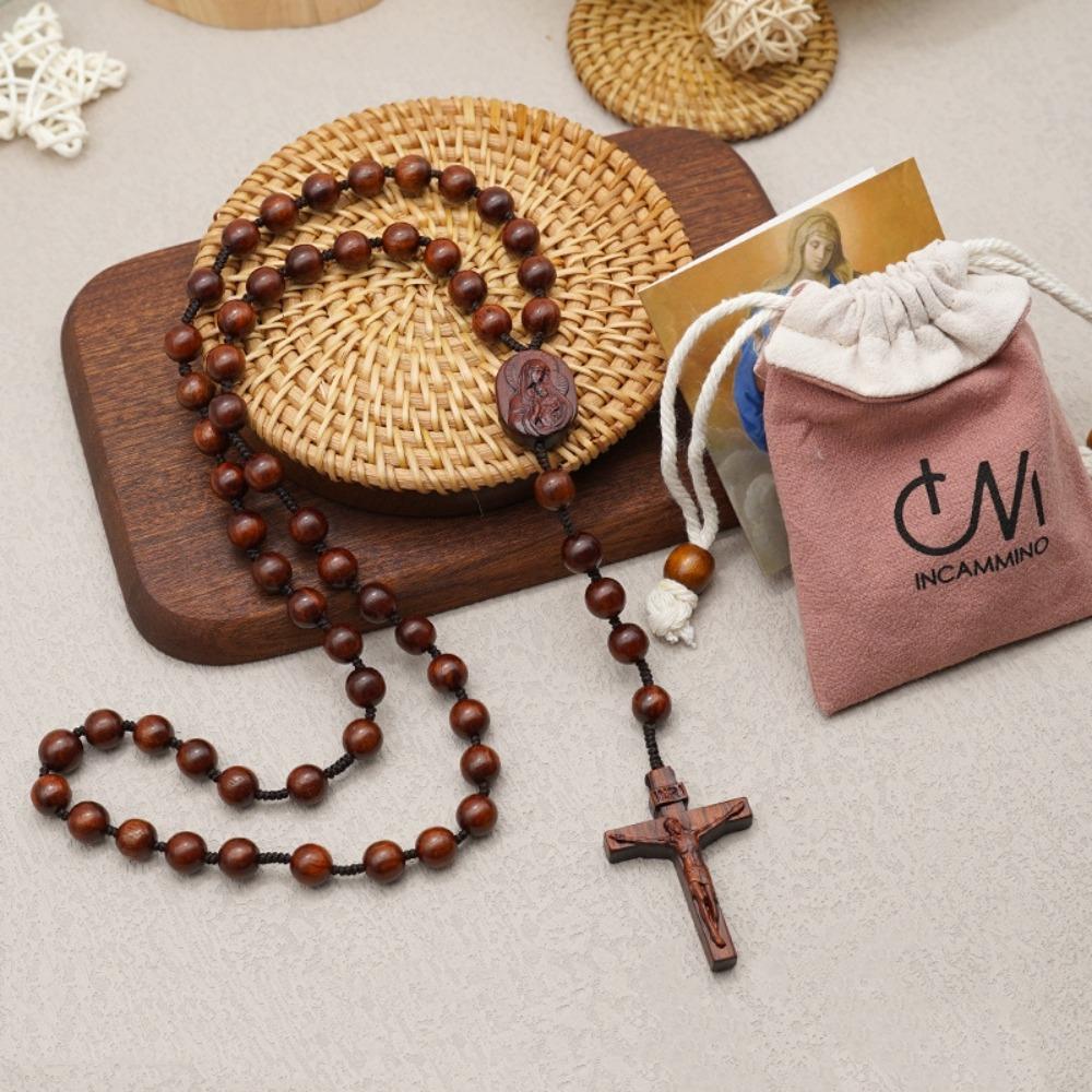 Religious Wood Beads Necklace with Storage Bag Crucifix Pendant Chain Handmade Rosary Necklace  Men