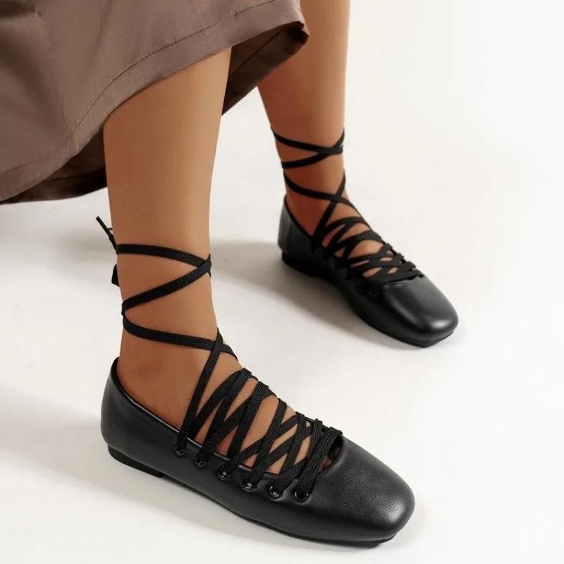 Fashion Autumn Ballet Flats Shoes Women Comfy PU Leather Shoes Luxury Women Square Toe Flat Mary Janes Casual Lace-up Ladies Shoes