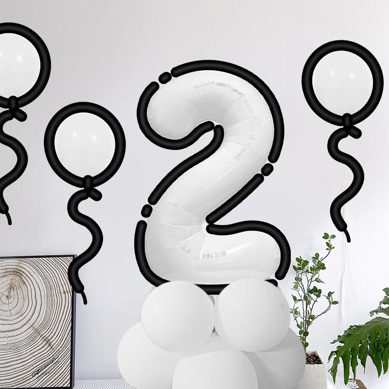 Cartoon Style Black And White Digital Balloon Column Children'S First Birthday Party Decoration Scene Arrangement Photo