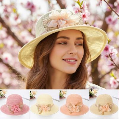 Bow Flowers Straw Hat Sun Protection Bucket Hat Women Fashion Sun Hat  Women