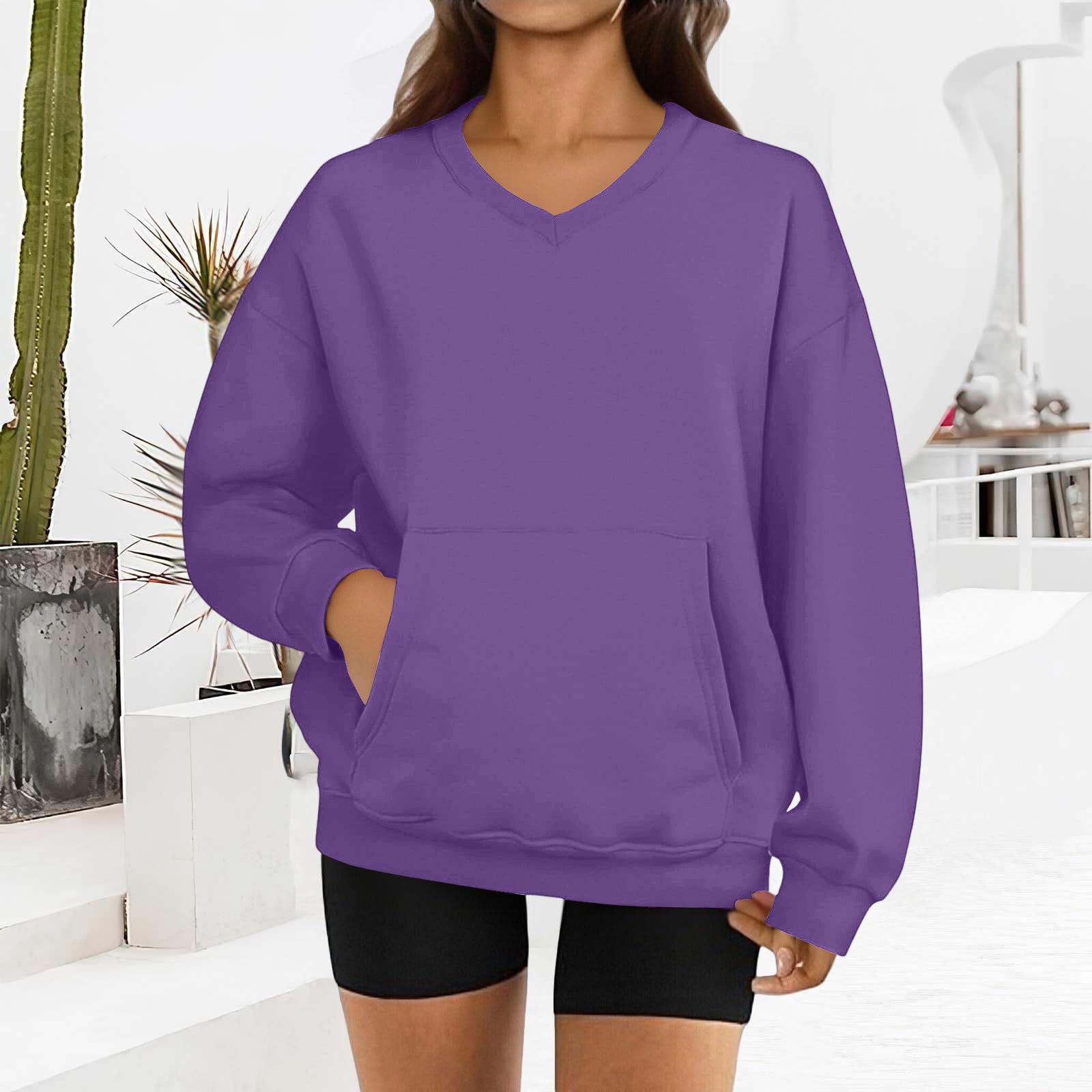 

Women s Fashion Solid Color Long Sleeve V-Neck Sweatshirt L фиолетовый