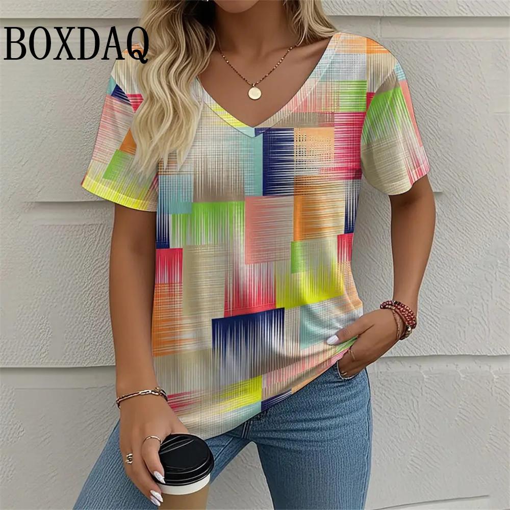 Summer Women Plaid Pattern Print T Shirt Fashion Casual Loose Short Sleeve Tops Plus Size V-Neck Women's Tees Shirts 5XL