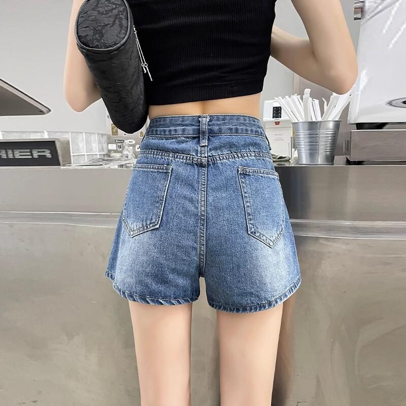 High Waist Denim Shorts Women Vintage Style Wide Leg Cropped Pants Slim Fit Casual Wear