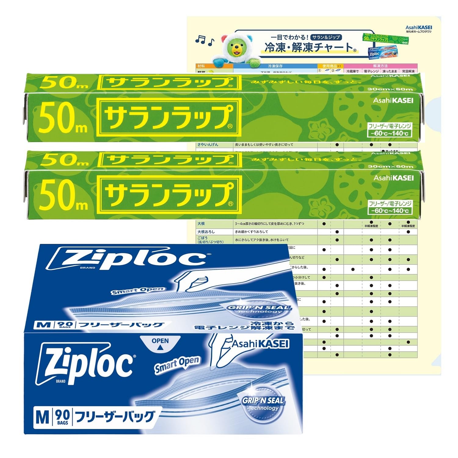 

Saran Wrap (30cm x 50m x 2 rolls) + Ziploc Freezer Bags (90 count) - Easy-to-understand Saran & Zip Freezer Thawing Chart with Clear File - Frozen