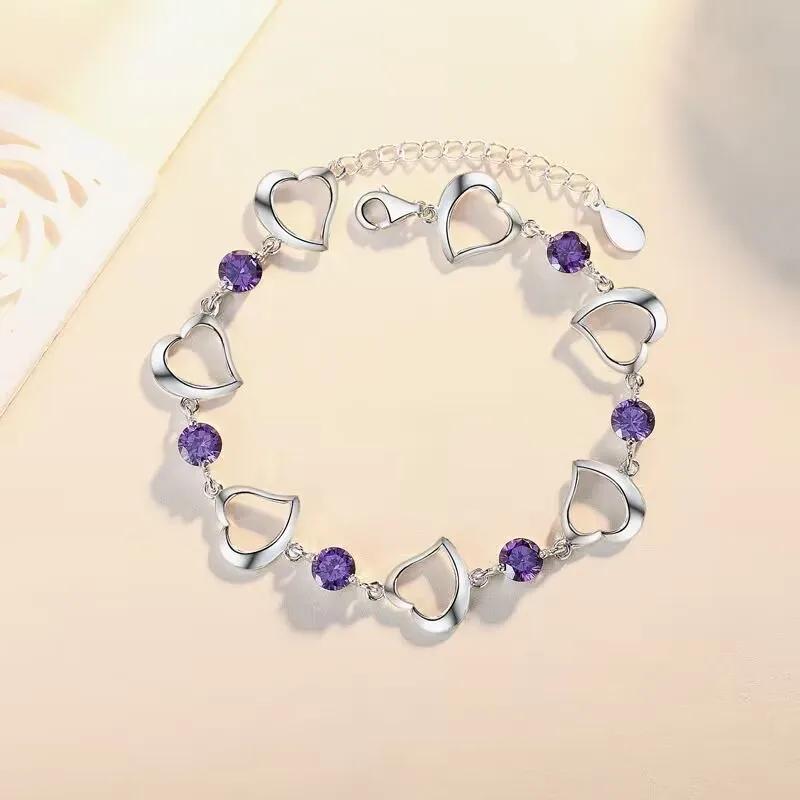 High-quality 925 Sterling Silver custom Heart Purple Crystal Zircon Bracelets For Woman Party wedding Engagement Costume Jewelry