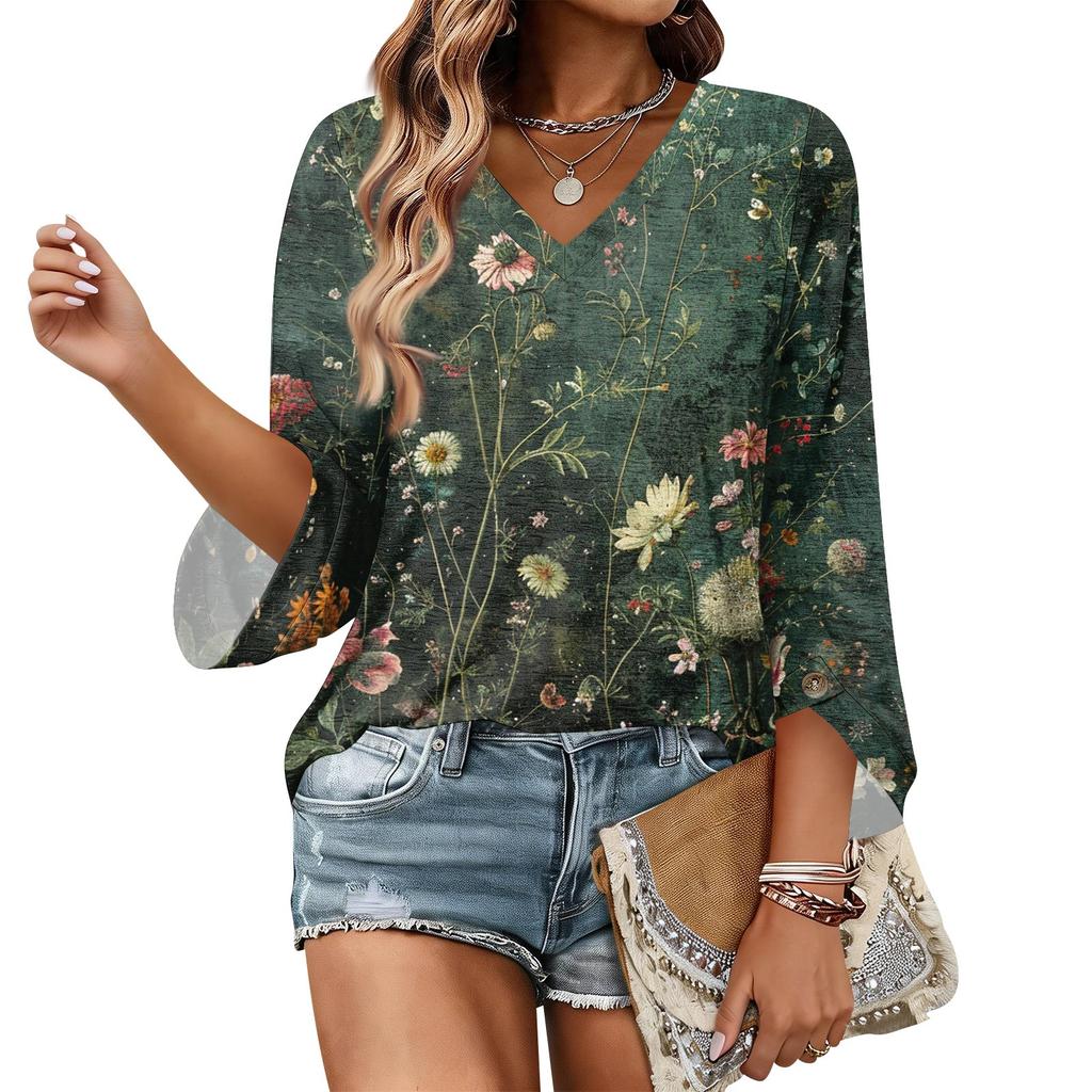 Long Sleeve Shirts for Women V Neck Floral Print Womens Long Sleeve Tops Casual Loose Long Sleeve T Shirt Women Stylish Long Sleeve Tops for Women