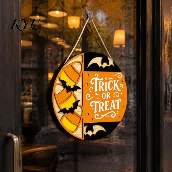 Bat Silhouette Ornament Halloween Trick or Treat Wooden Door Sign, Retro Round Atmosphere Prop Hanging Plaque for Home Front Wall & Party Decoration