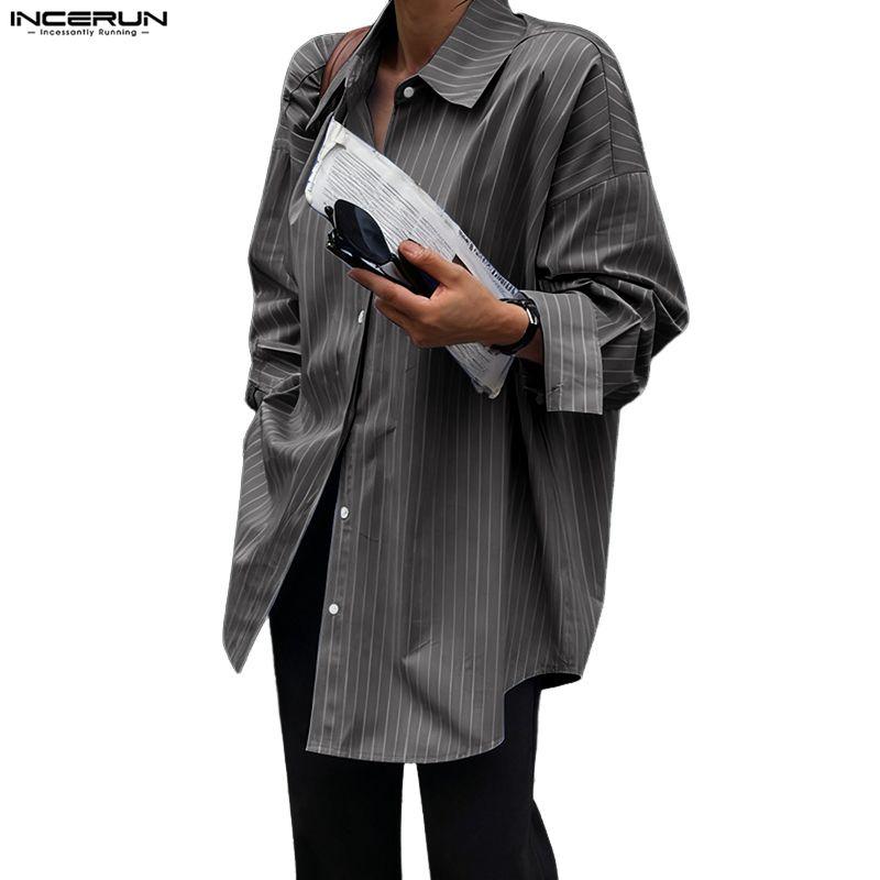 INCERUN Plus Size Men Lapel Neck Long Sleeve Lace-up Striped Loose Casual Long Shirts