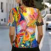 Damen V-Ausschnitt Cold Shoulder Bluse Regenbogen Abstrakt Schmetterling Ölgemälde Druck Kurzarm Top