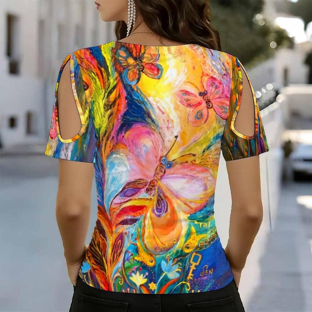 Damen V-Ausschnitt Cold Shoulder Bluse Regenbogen Abstrakt Schmetterling Ölgemälde Druck Kurzarm Top
