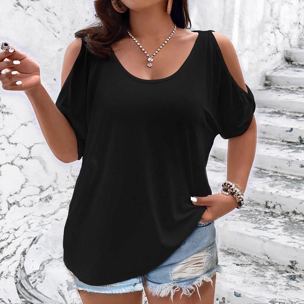 Women's Plus Size Off-the-Shoulder Short Sleeve T-Shirt - Solid Color, Spring/Summer 2025, Japanese Korean Style