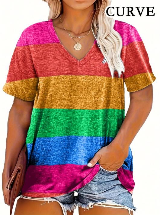 Plus Size 0XL-5XL Women's Fashion Striped Print V-Neck T-Shirt Casual Loose Short Sleeve Summer Tops