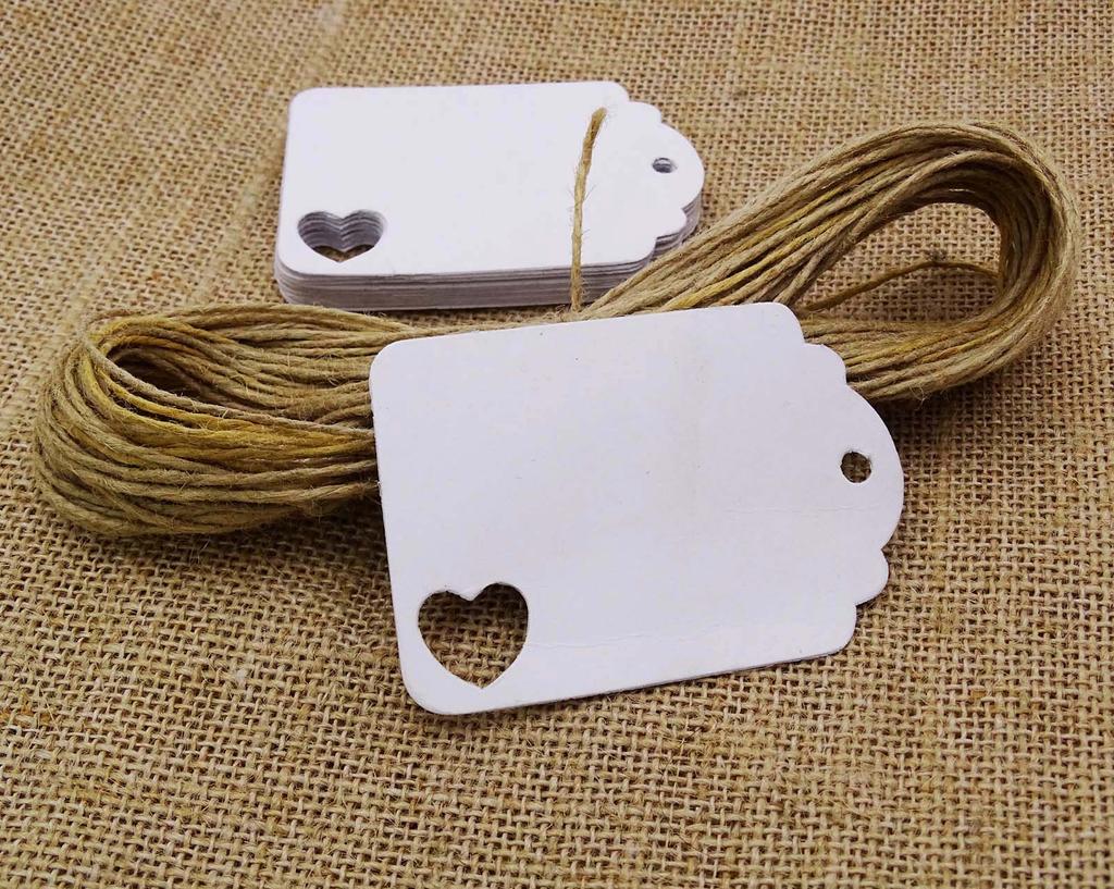 100 Pcs Wedding Favor Hang Tag Rectangular Shape Heart Punched Gift Tags with Free Natural Jute Twine