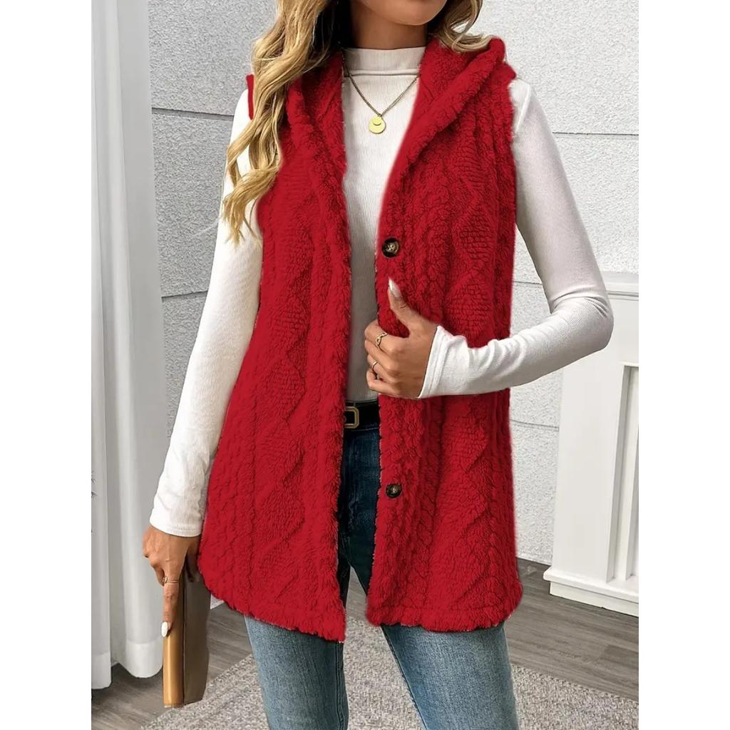 Damen Uni Farbe Wende Flauschige Kapuzen Knopf Strickjacke Weste Lässig Herbst Winter Mode