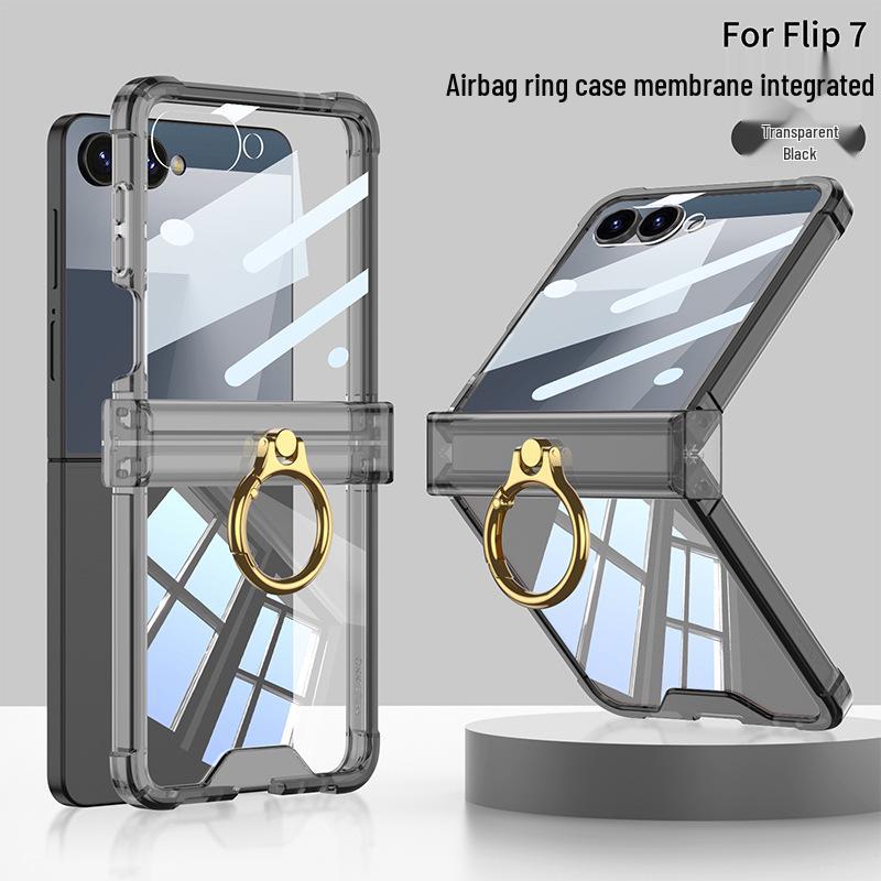 Samsung zFlip7 Hinge Protective Case: Transparent Airbag Full Coverage with Finger Ring Buckle