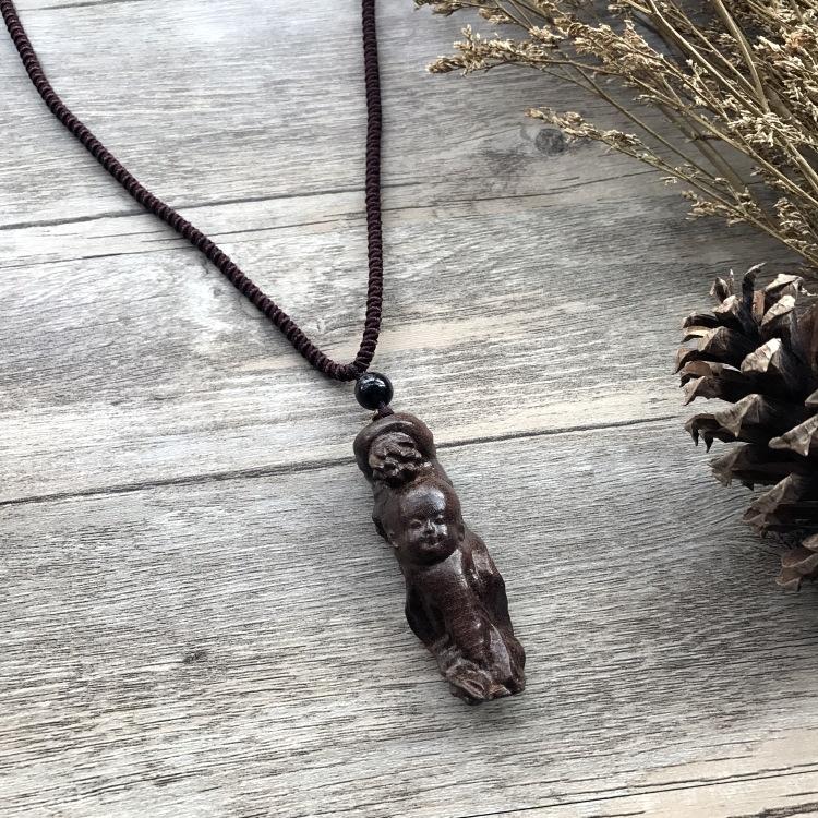 Retro Hand-carved Mahogany Long Necklace Women's Fashion Temperament Cotton and Linen Clothing Sweater Chain Accessories