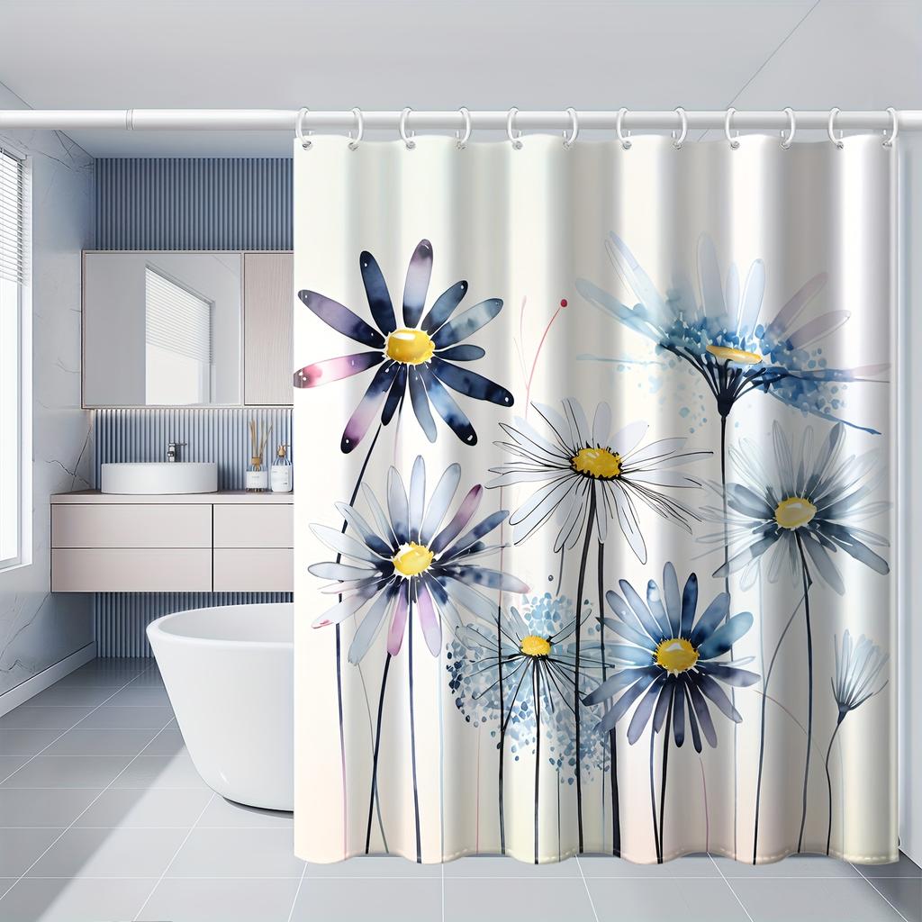1 Floral Shower Curtain With Hooks, Watercolor Daisy Print, Polyester Fabric, Machine Washable, Bathroom Decor For All Seasons