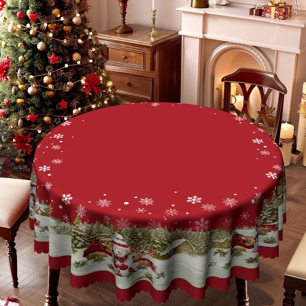 Christmas Tablecloth Snowman Elk Cartoon Print Red Waterproof Dining Table Cloth Dining Table Round Rectangular Decorative Cloth