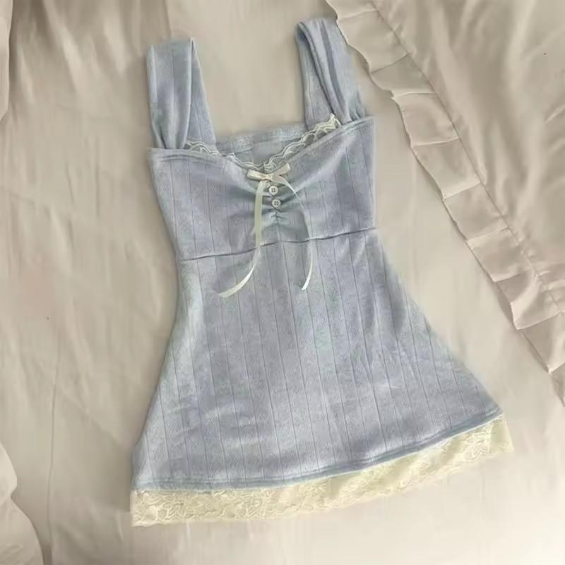 Canottiera Vintage più Carina con Bordi in Pizzo da Donna Estetica Vestibilità Aderente Gilet Retrò Y2k Cottage Crop Abbigliamento Coquette