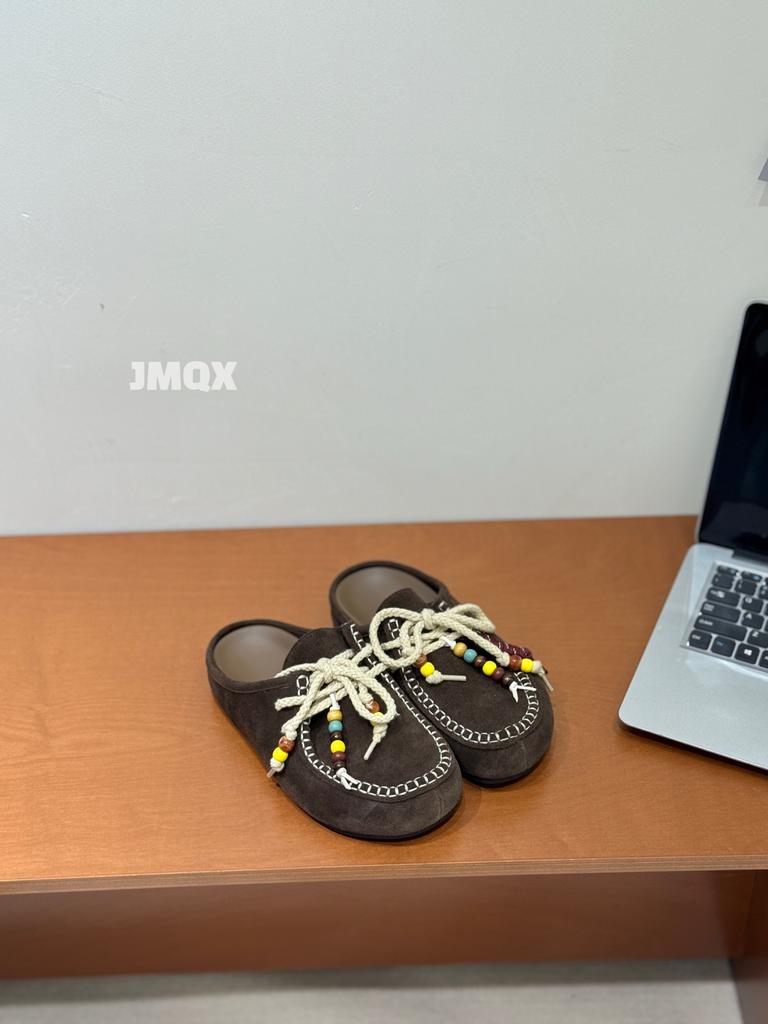 New lanyard beaded slippers baotou half drag autumn thick bottom one pedal casual lazy woman