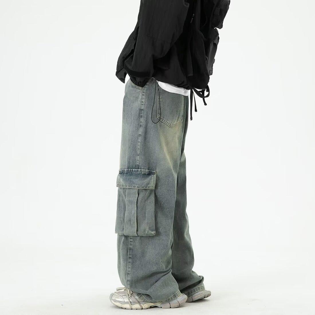 

2024 Ретро Джинсы унисекс в стиле Гонконга, повседневные, состаренного синего цвета, рабочая одежда M синий