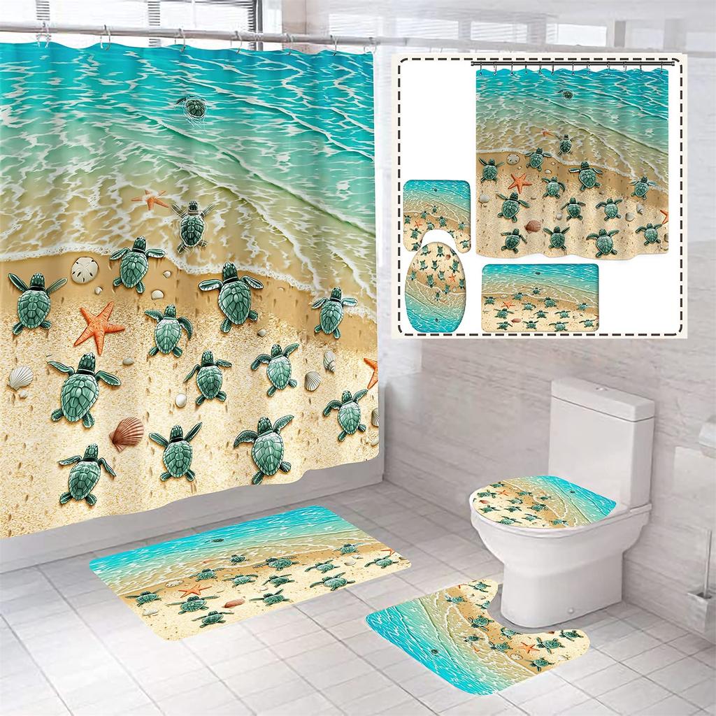 Sea Turtle Shower Curtain Set Non-Slip Rugs Toilet Lid Cover Bath Mat Nautical Ocean Bathroom Curtains Set Durable Waterproof