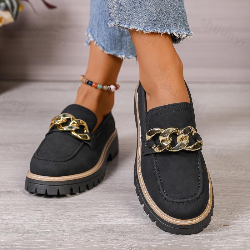 Fashion Woman Loafers Retro Autumn Ladies Large Size Frosted British Style Thick Heel Round Toe Rubber Outsole Korean Style Casual Shoes