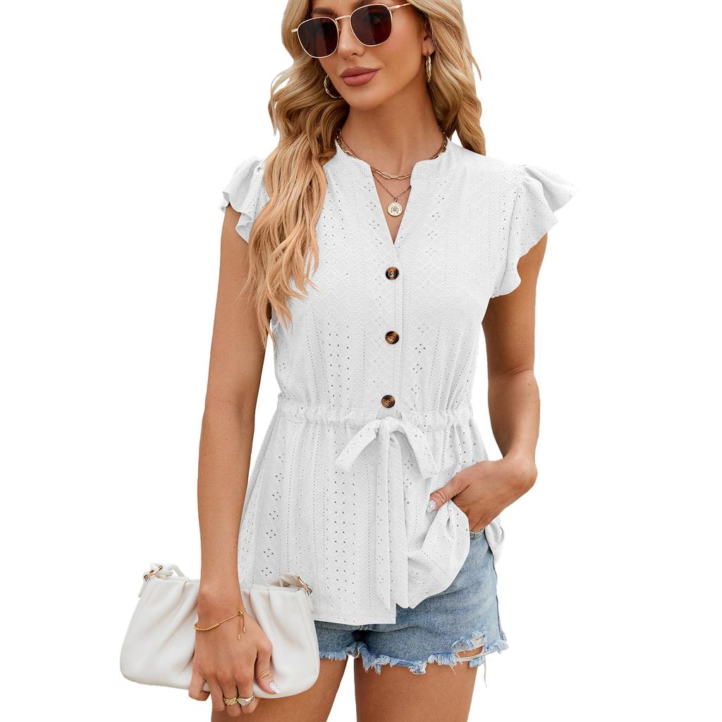 Summer Women's T-shirt Solid Color Button Up Loose T-shirt Top