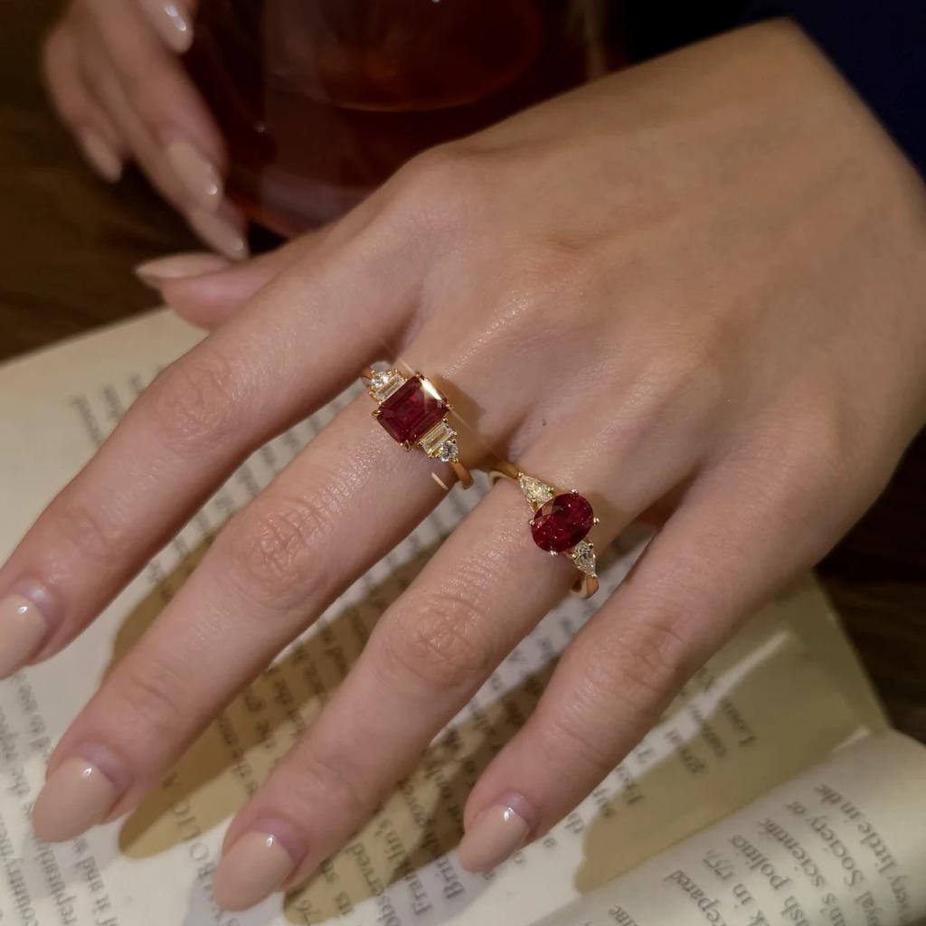 French Retro Classic  Gold Plated Lab Ruby Rings For Women Vintage Red Zircon Princess Banquet Finger Rings Trendy Jewelry