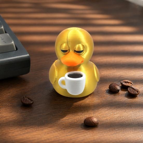 3D Printed Coffee Duck Collectible Figurine, Detailed Gold Duck Holding Coffee Cup Desk Decor for Colleagues And Friends