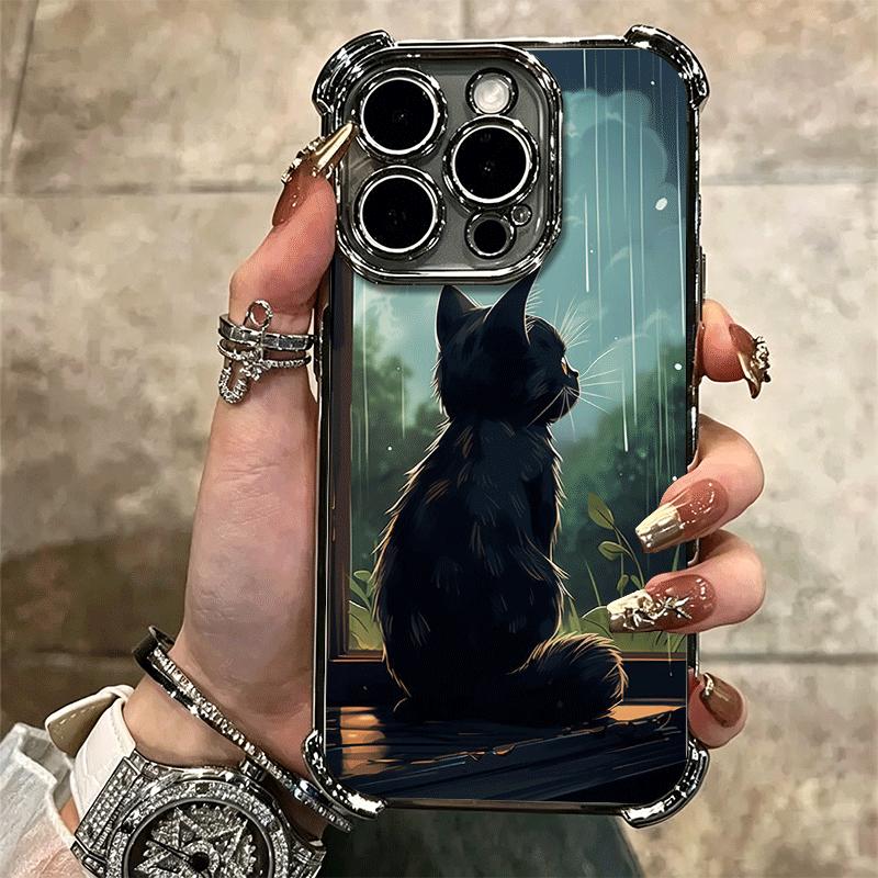 Healing Sense Cat Rain Plating Phone Case For Iphone 16 17 Pro Max Air 16E 14 15 Plus 12 13 Mini Anti-Fall Airabag Cover