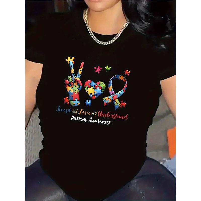 

European sizes Autism Awareness T-Shirt - Black & White Puzzle Ribbon Design Soft Comfortable Round Neck Advocacy Top for ASD Supporters 4XL чорний