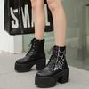 Women's Platform Chunky High Heel Ankle Boots Black Buckle Strap Lace Up Side Zipper Motorcycle Boots Punk Style Shoes