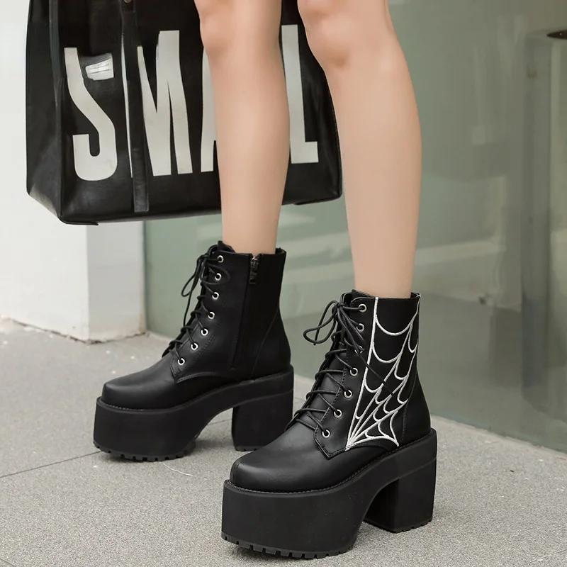 Fashion Women's Platform Chunky High Heel Ankle Boots Black Buckle Strap Lace Up Side Zipper Motorcycle Boots Punk Style Shoes